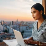 외국어 시험을 통한 커리어 전환 성공 사례 - **Prompt:** A young professional woman in her late 20s, wearing smart-casual yet modest business att...